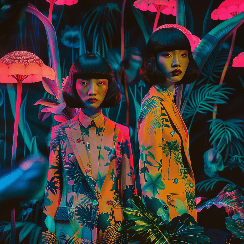 Due modelle asiatiche con giacche floreali, immerse in una vegetazione esotica, illuminate da luci neon rosa, create con intelligenza artificiale