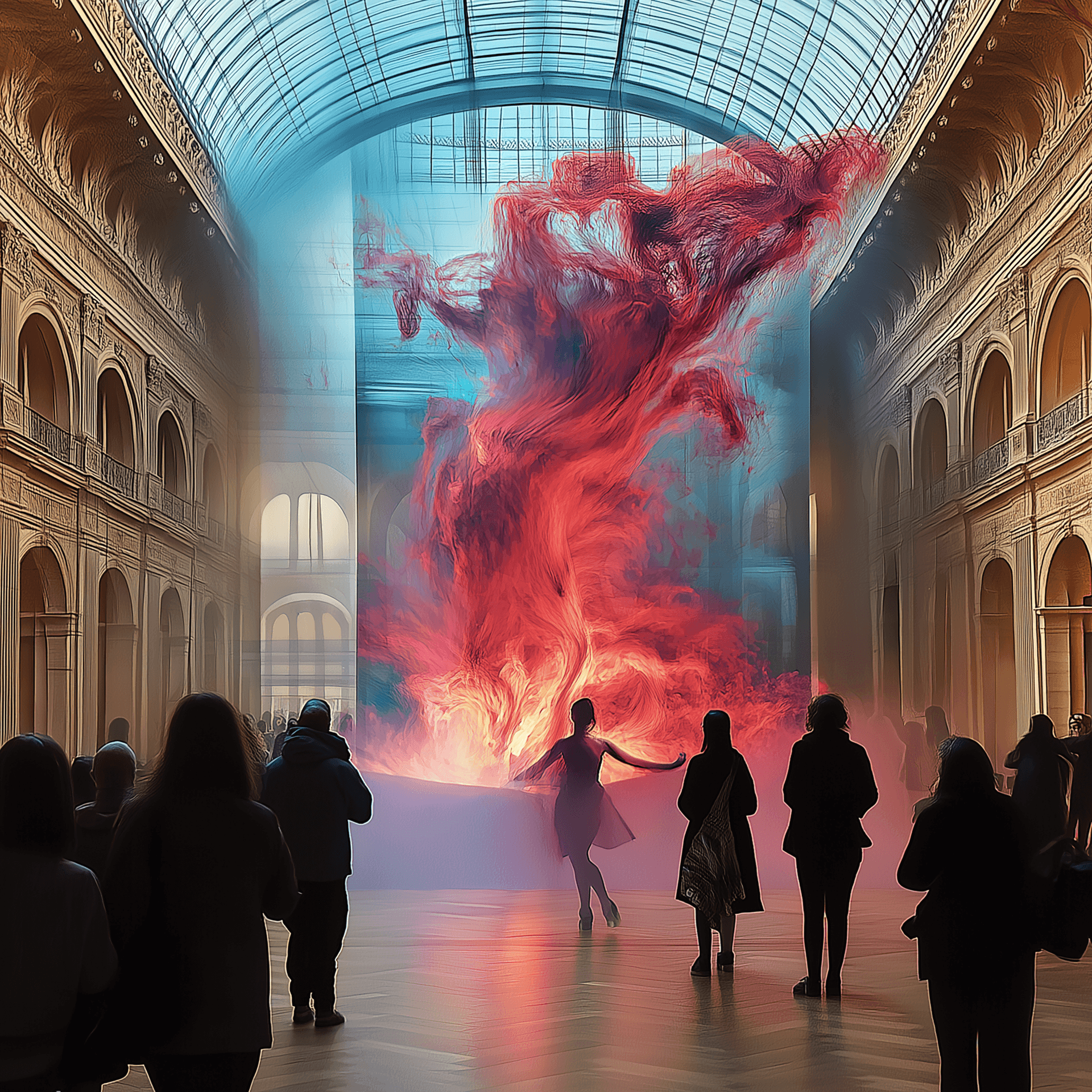 Ballet dancer performing in a grand hall with swirling red smoke and spectators watching.