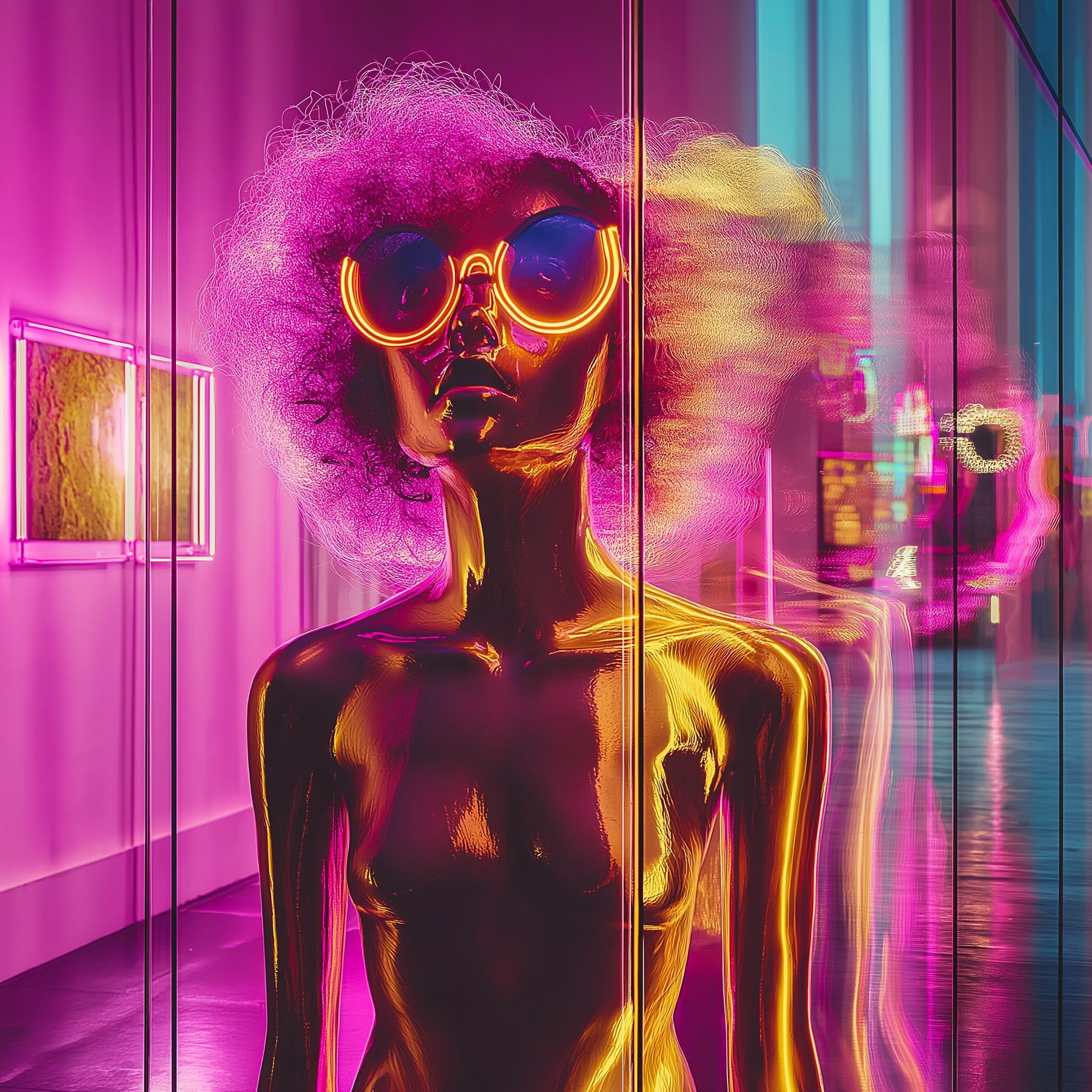 Ritratto di una donna creata con intelligenza artificiale, illuminata da neon rosa fucsia, con grandi occhiali gialli a neon che riflettono la luce, simile a un avatar translucido, sullo sfondo di quadri in plexiglass appesi alle pareti
