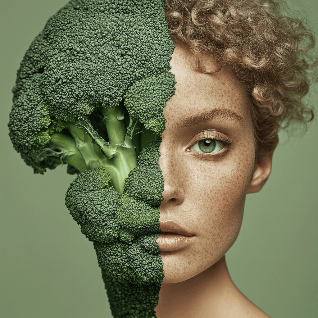 Primo piano di una donna con il viso metà composto da un broccolo, creato con intelligenza artificiale