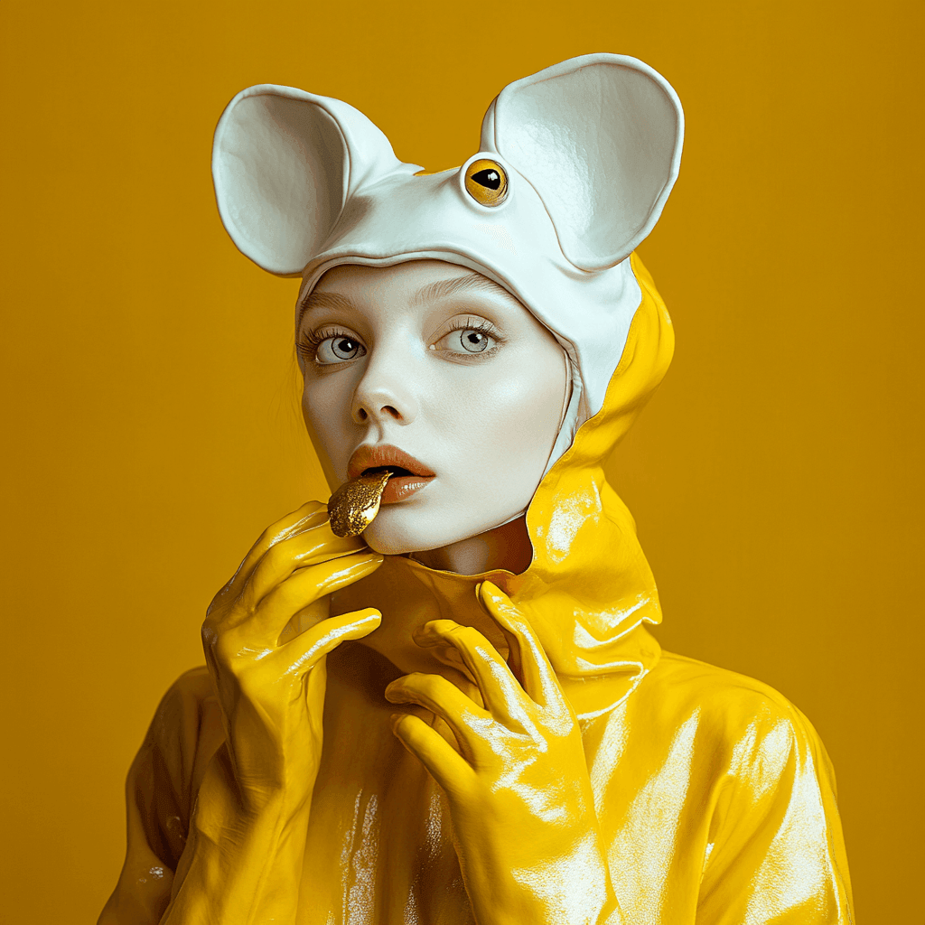 Person in a shiny yellow outfit with large mouse ears against a yellow background.