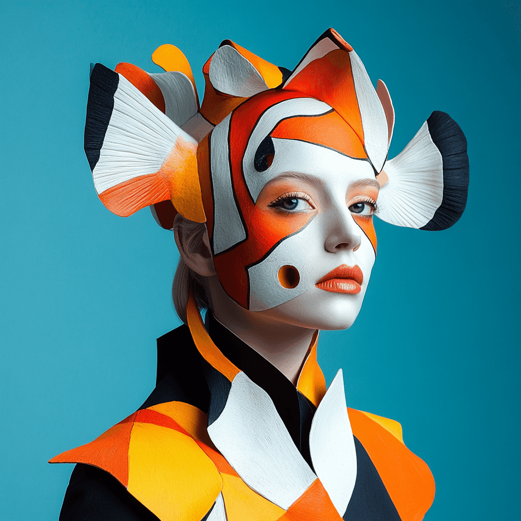Person wearing a colorful, elaborate costume inspired by clownfish, against a plain blue background.