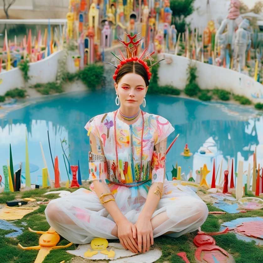 Person in colorful, patterned attire sitting cross-legged by a reflective pond surrounded by vibrant abstract sculptures.