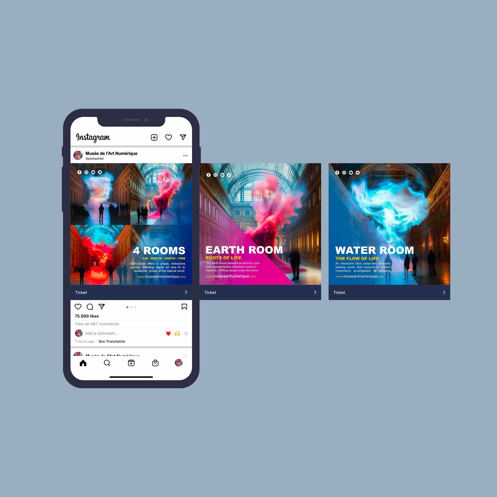 Instagram post featuring colorful digital art exhibition called '4 Rooms' with Earth and Water themes.