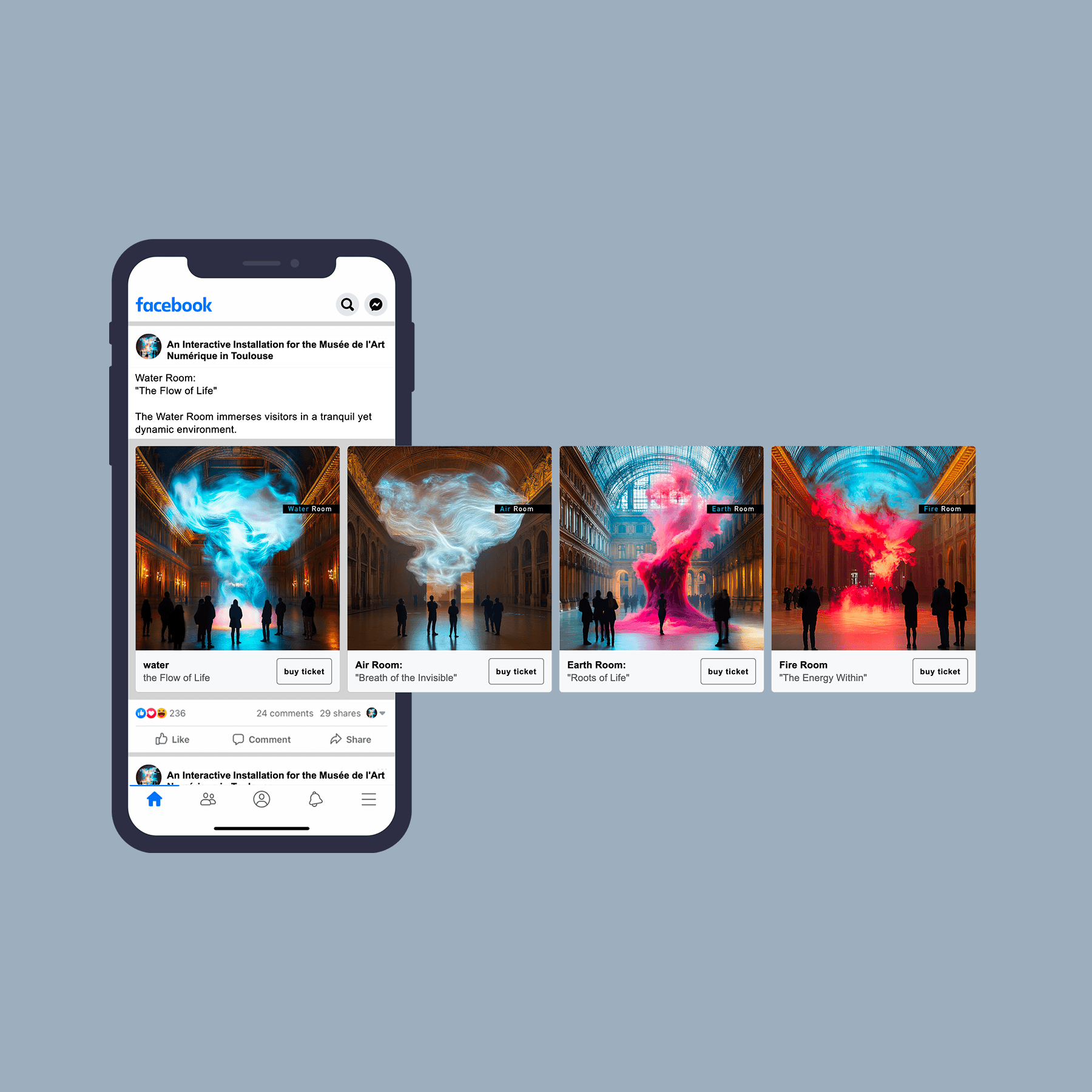 Mobile phone displaying Facebook post about interactive installation with four themed room images.
