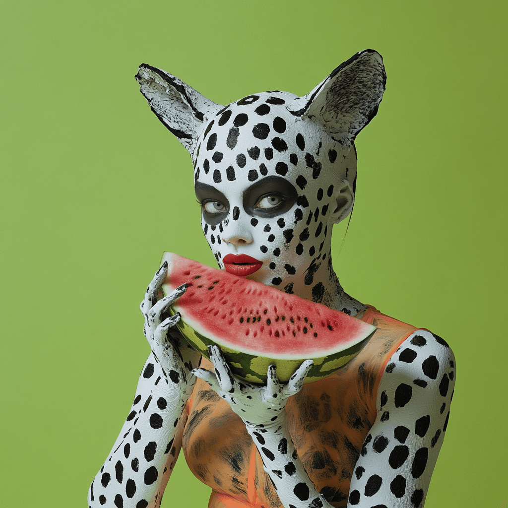 Person in spotted animal costume holding a slice of watermelon against a green background.