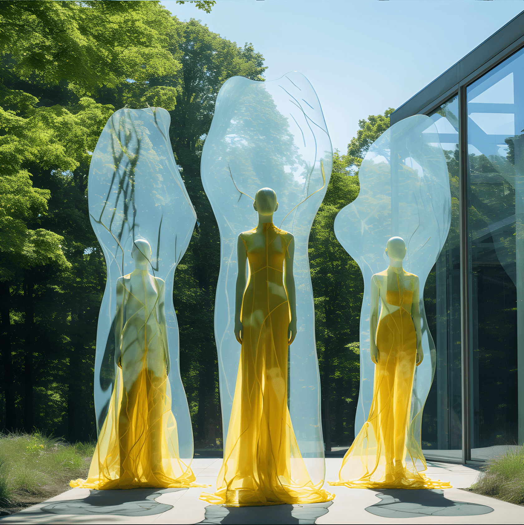 re figure femminili create con intelligenza artificiale, simili a piante, con chiome trasparenti e abiti gialli, immerse nel verde della natura