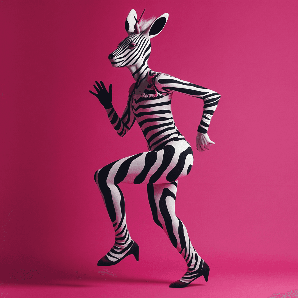 Person in a zebra costume and high heels posing against a bright pink background.