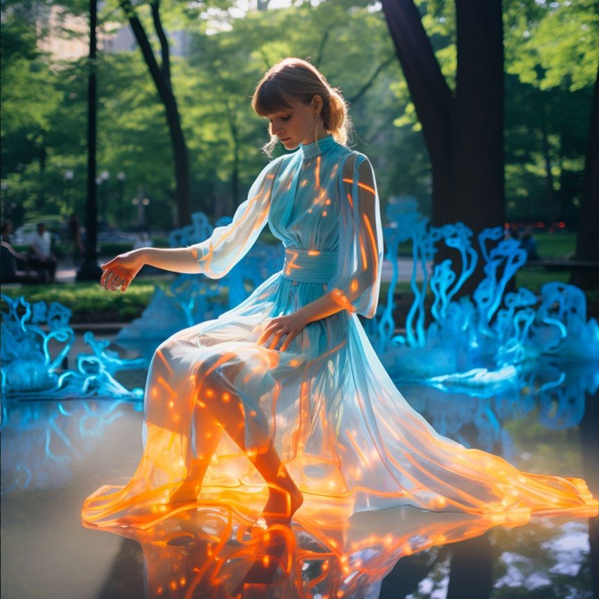 Woman in glowing dress sits in serene park with vibrant blue light installations.