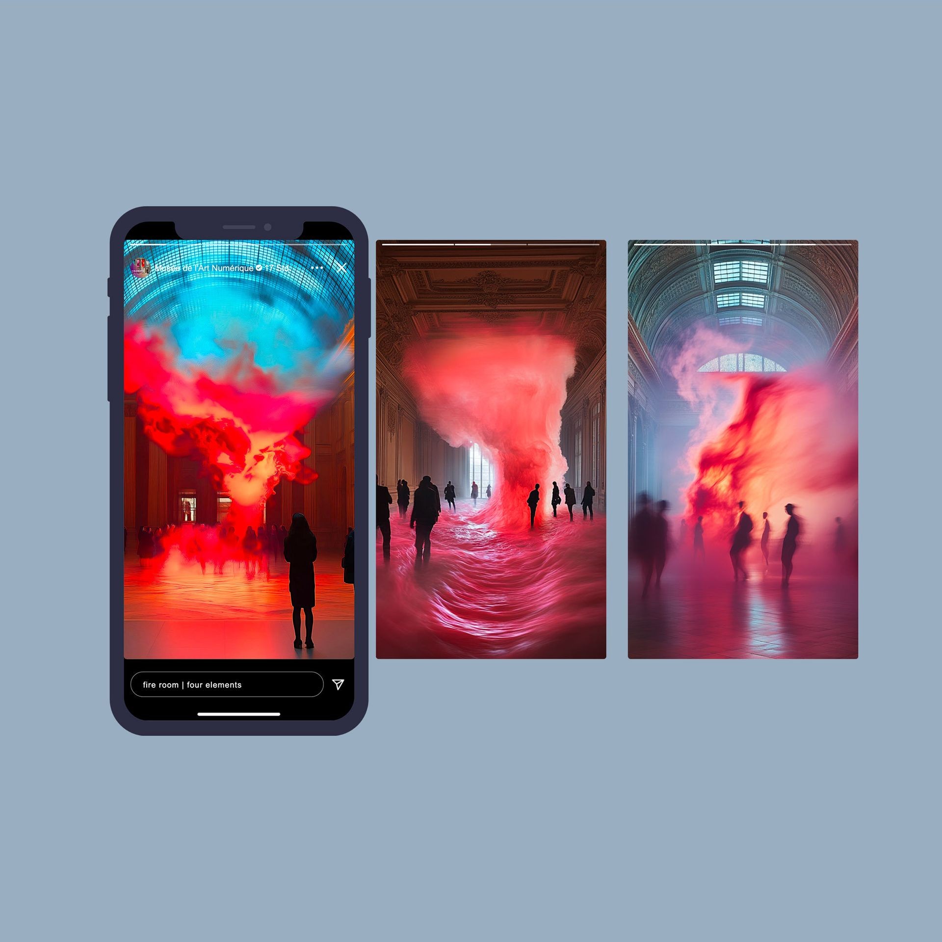 Digital art showing glowing red tornado-like clouds indoors with people silhouetted against the vibrant display.