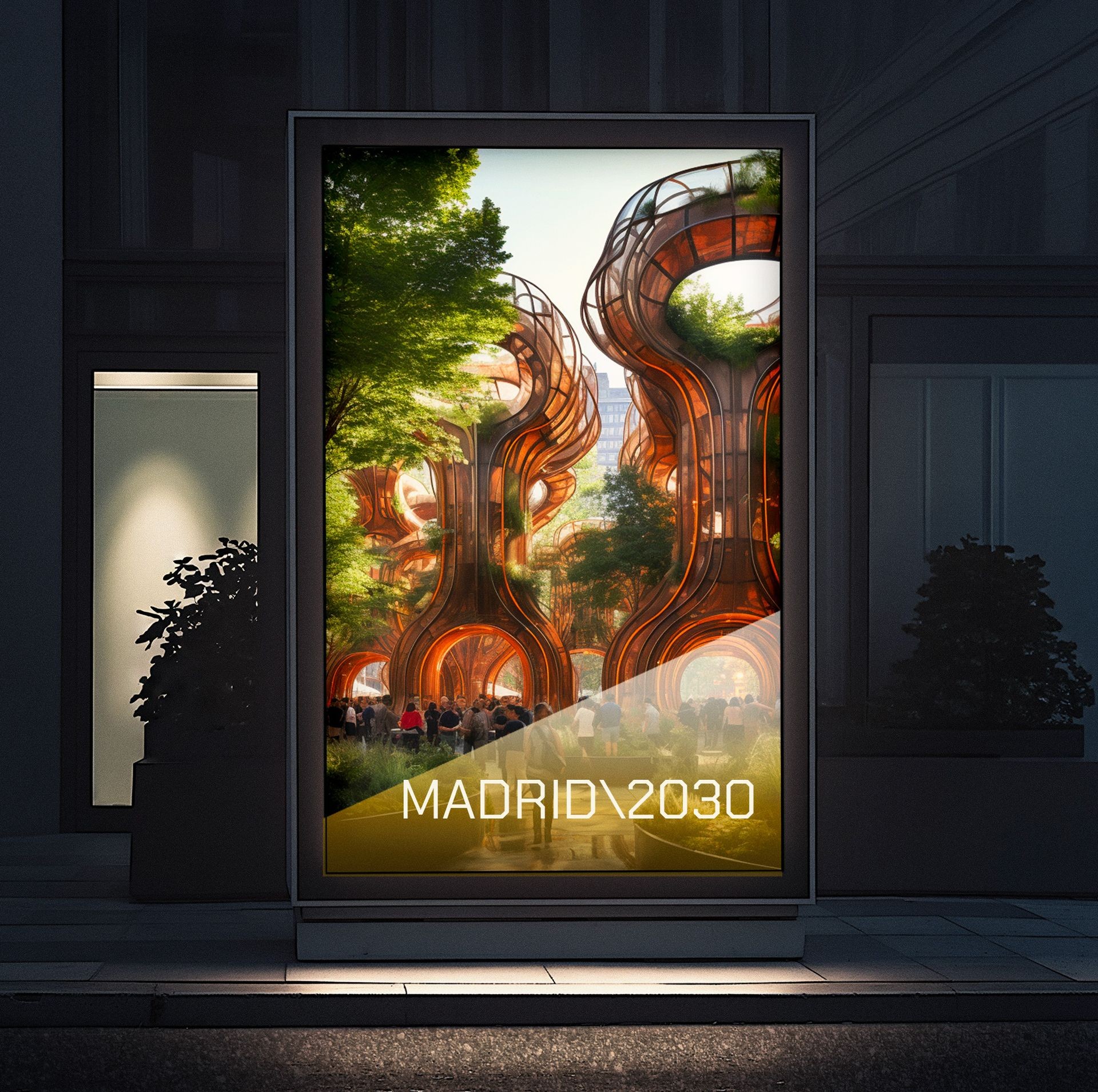 Poster retro illuminato di un palazzo di architettura futuristica a Madrid nel 2030, creato con intelligenza artificiale