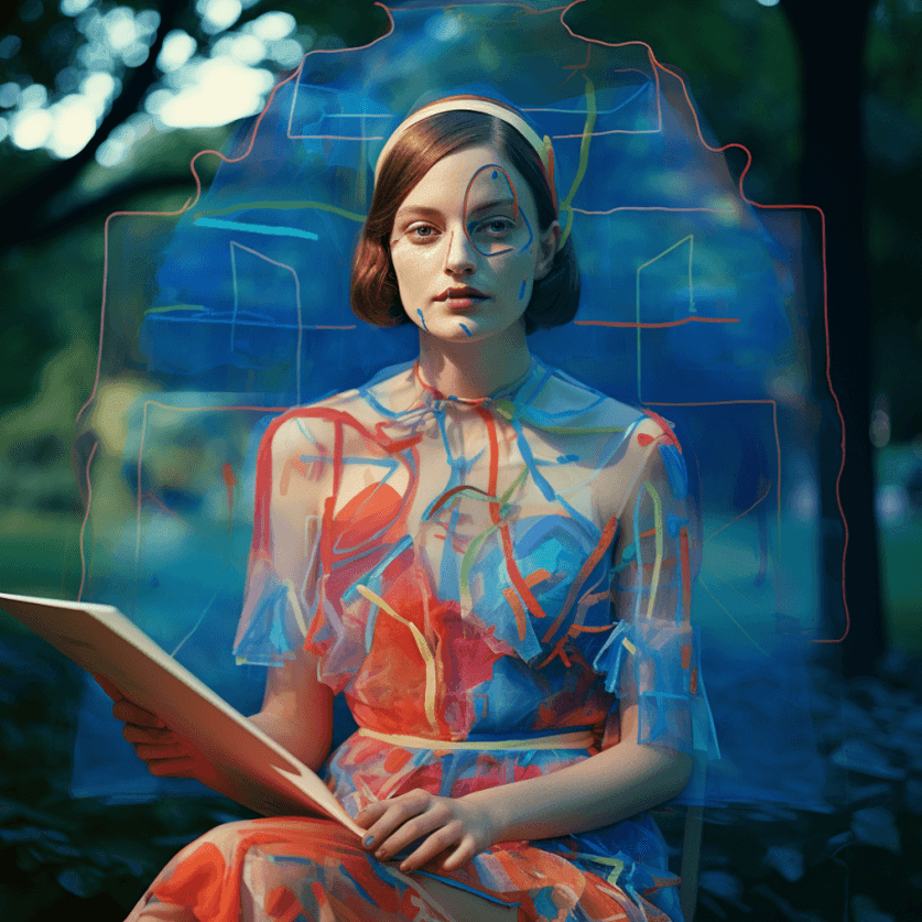 Woman in colorful, abstract attire holding a book, with artistic digital overlay in a park setting.