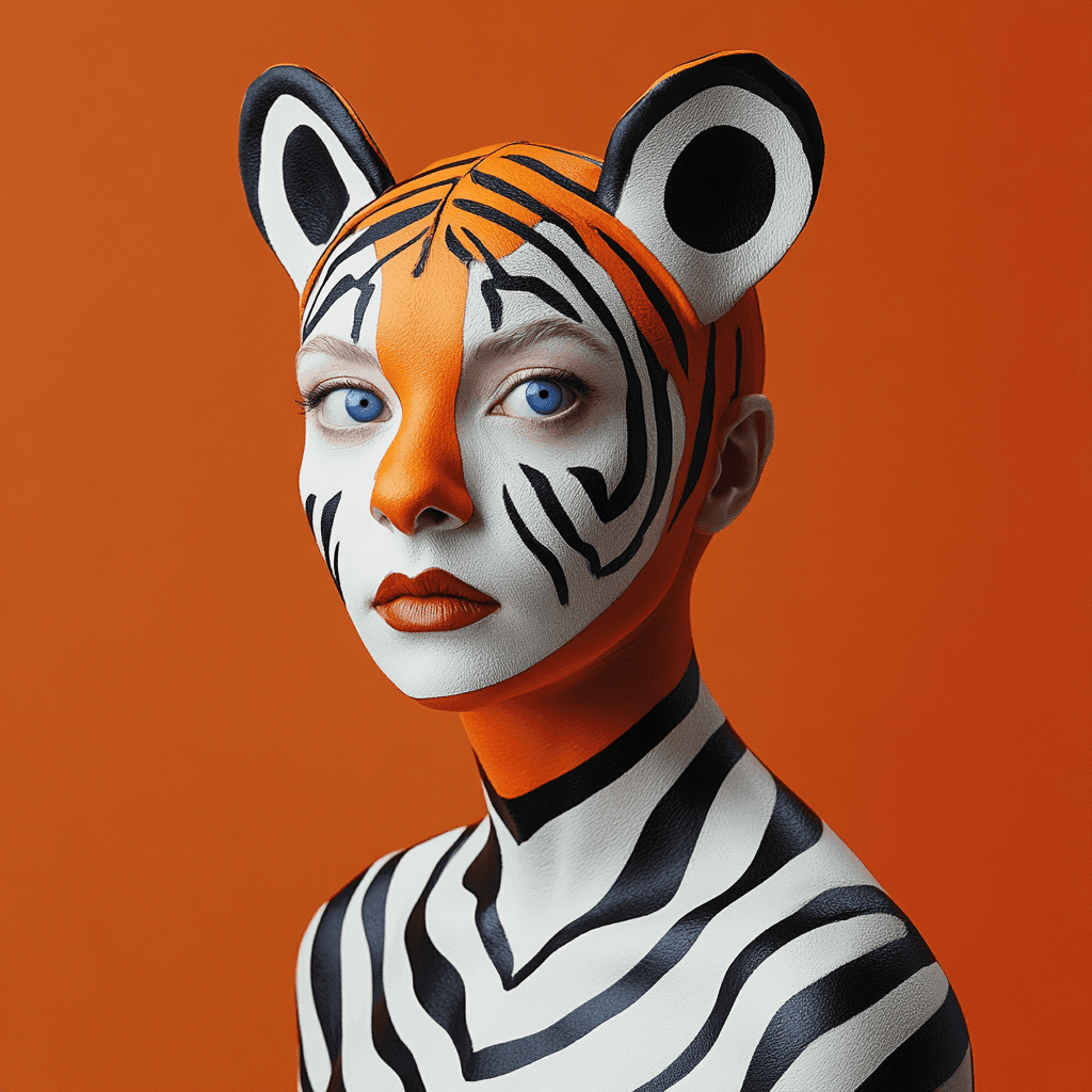 Person with orange and black tiger makeup and ears on an orange background.
